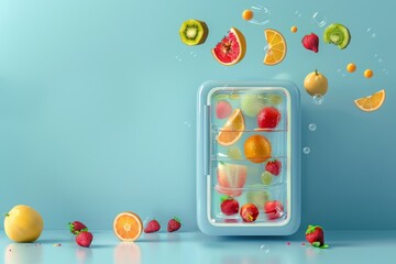 A blue refrigerator filled with fruit and water