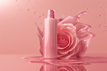 A pink rose is surrounded by a pink bottle of lotion