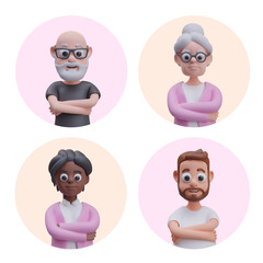 Set of avatars on background of pink, beige circles. Male and female characters