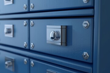 A row of blue safes with handles - obrazy, fototapety, plakaty