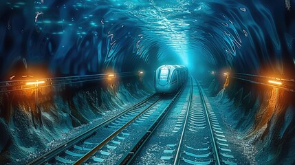 Train, underground railway, tunnel, the most perfect undersea tunnel, covered with sea above and around. Generative AI.