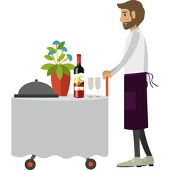 Waiter pushing trolley cart with hot restaurant dish and drink bottle for festive dinner vector icon isolated on white © axel