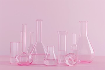 glass beakers are lined up on a table - obrazy, fototapety, plakaty