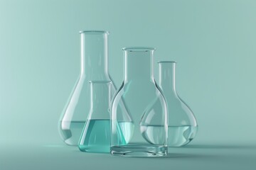 glass beakers are lined up on a table