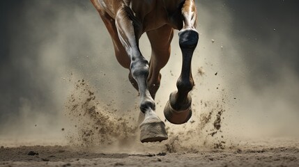 Explore the minimalist detail of a horse's hooves as they make contact with the earth, emphasizing the power and strength behind each stride 