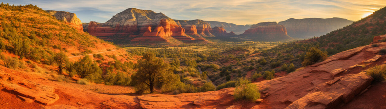 Red sandstone rock formations with layers visible at sunset.