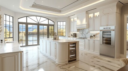 A white kitchen with marble as the main tone, featuring island countertop and cabinets, embedded with a double door white refrigerator. Generative AI. - obrazy, fototapety, plakaty