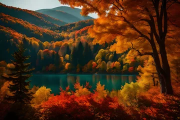 Deurstickers A picturesque mountainside covered in a tapestry of colorful autumn foliage, as seen from a peaceful lakeside vantage point. © colorful imagination