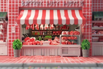 A butcher shop with striped awning