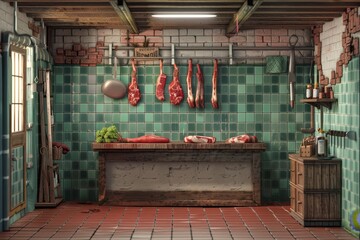 A butcher shop with striped awning - obrazy, fototapety, plakaty