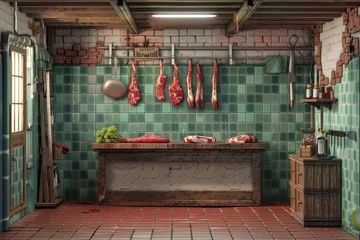 Fotobehang A butcher shop with striped awning © toonsteb