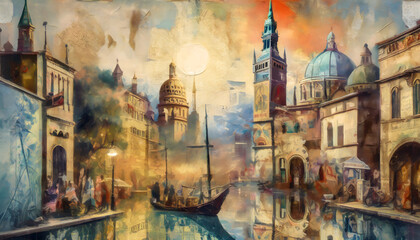 vintage-inspired collage using the textures of faded postcards, combining different scenes. Generative AI.