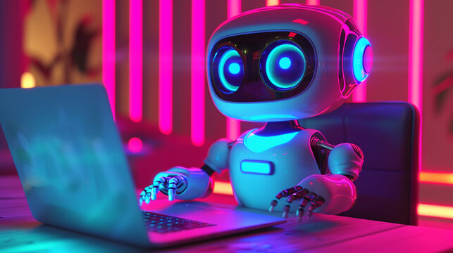 robot with laptop on neon background