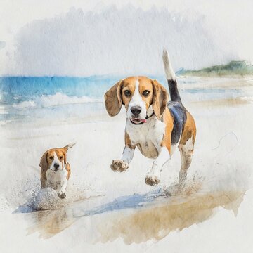 beagle dog running on the beach.  sketch of a beagle, eagerly chasing a blue frisbee, near a beach