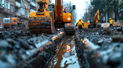 Construction engineer leads teamwork for water drainage excavation, Excavator facilitates efficient...