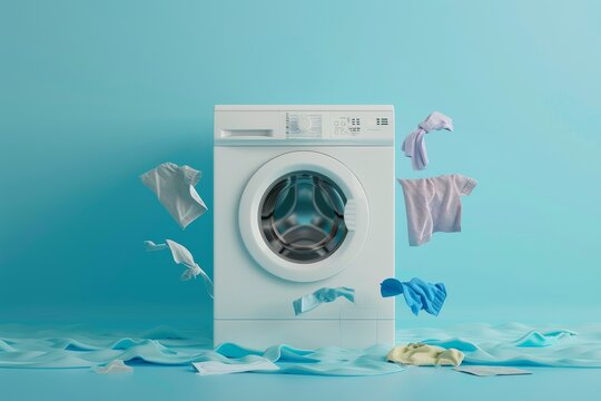 A white washing machine with clothes flying out of it