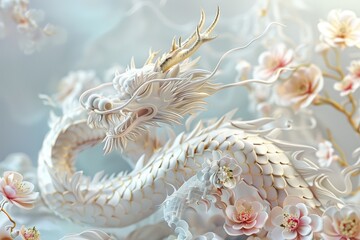 A white dragon with gold accents is sitting on a bed of pink flowers