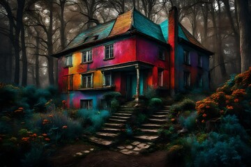 A trippy, unreal house in primary hues, an anomaly in a field of unworldly and strange beauty. - obrazy, fototapety, plakaty