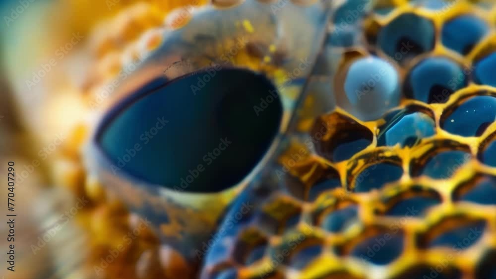 Poster a microscopic photo of a bees compound eye with hundreds of individual hexagonal lenses creating a b