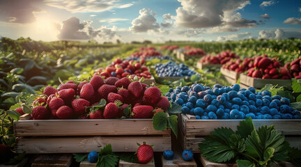 A natural landscape presented product display of Strawberries, raspberries and blueberries in...