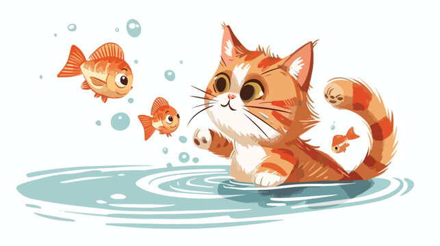 Vector illustration depicting a cat playing with fish