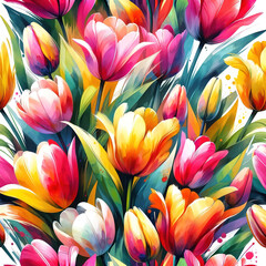 Vibrant tulips seamless pattern, watercolor brush strokes, bright spring palette 