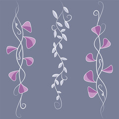 Set of vines in pink shades. Botanical elements of unusual colors. Flat vector illustration.