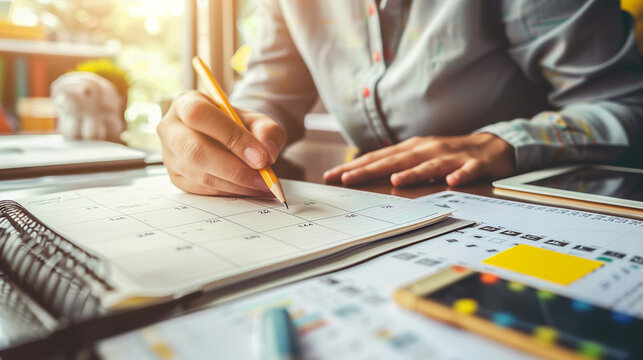Focused Individual Marking Dates on Calendar for Project Scheduling