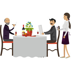 Mature father and adult son having dinner at restaurant vector icon isolated on white