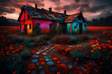 A trippy, unreal house in primary hues, an anomaly in a field of unworldly and strange beauty.