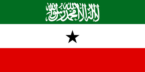 Flag Republic of Somaliland (Federal Republic of Somalia) horizontal tricolor of green, white, and red with the Shahada on the green stripe, and a black five-pointed star charged on the white stripe - obrazy, fototapety, plakaty