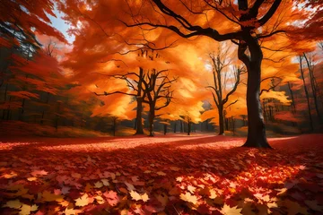 Fototapeten A serene autumn landscape capturing a carpet of fallen maple leaves covering the ground, each leaf displaying its unique shades of red, orange, and yellow © colorful imagination