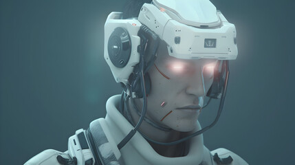 Naklejka premium Portrait of an Enigmatic Cybernetic Soldier in a Futuristic Virtual Realm with Dreamlike,Sci-Fi Aesthetics