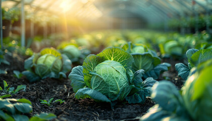 cabbage harvest in a garden bed in a greenhouse.
