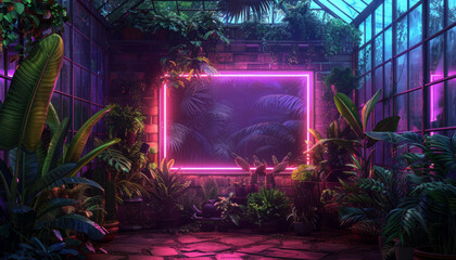 Obraz premium Greenhouse in a botanical garden with different plants against the background of a neon sign.