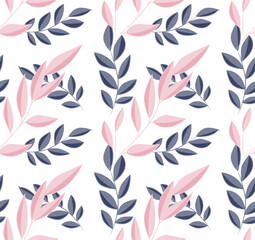 Fototapeta na wymiar Pink and purple leaves on the branches. Seamless vector botanical pattern suitable for backgrounds and prints.