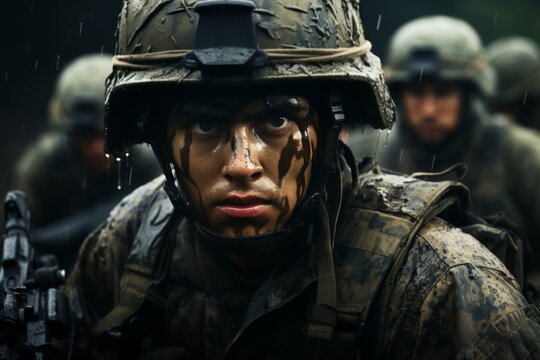 Portrait of a European army soldier in the ranks with selective focus, human enhanced