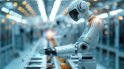 Industrial robot handing production in line assembly. Generative AI.