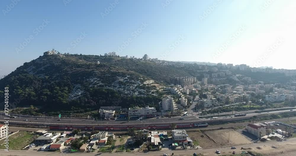 Wall mural haifa city in israel. cityscape, drone point of view. mount carmel