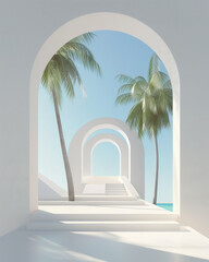 Clean, minimalistic white archways frame tropical palm trees and ocean on a bright day, symbolizing an escape to paradise. Summer concept.