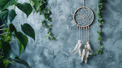 Gray beige dream catcher in interior on gray textured background. Green plants and copy space for text, Gray beige dream catcher in interior on gray textured background. Green plants and copy space - obrazy, fototapety, plakaty