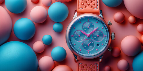 A luxury watch is the focus among an abstract scene of colorful balls, portraying time and fashion against a pink backdrop.. 