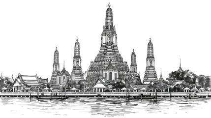 Wat Arun Temple in Bangkok Thailand. Sketch by hand. - obrazy, fototapety, plakaty