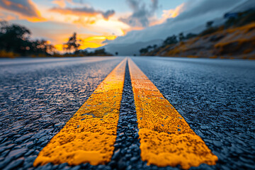 Photo of empty asphalt road with yellow dividing strip in the middle against sunset background....