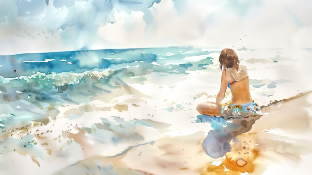 light watercolor, teenager playing at the beach, bright, white b