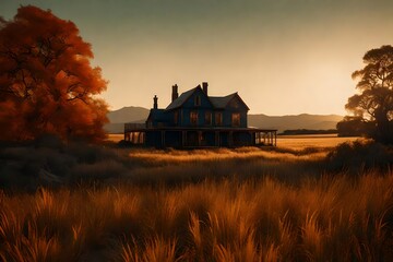 A house in unreal aesthetics, its primary colors contrasting with the bizarre landscape of the field.