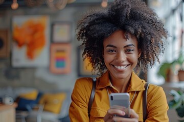Happy black businesswoman using a smartphone in a creative office, Generative AI
