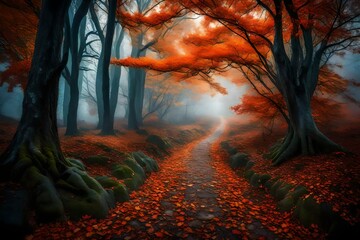 A serene blue mist envelops an enchanting forest path, where orange and red leaves adorn the mystical trees in October.