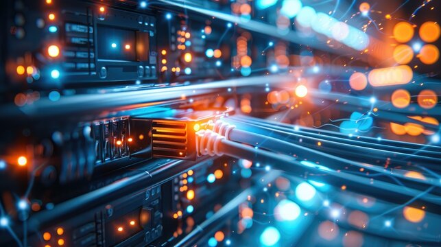 A light blue server showing binary data transfer through many cable as holographic overlay, light green and light orange, data transfer, space and digital. Generative AI. - Powered by Adobe