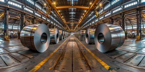 A panorama of shiny steel coils in a vast industrial warehouse, capturing the scale and strength of production. - obrazy, fototapety, plakaty